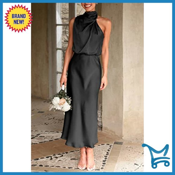 Satin Maxi Dress Sleeveless Mock Neck Formal Party Cocktail - Picture 3 of 8